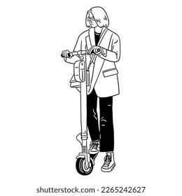 Woman ride on Scooter People Casual lifestyle Hand drawn line art illustration