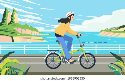 a woman rides a bicycle along a seaside road with beautiful sea landscape behind her. used for poster image, website and other