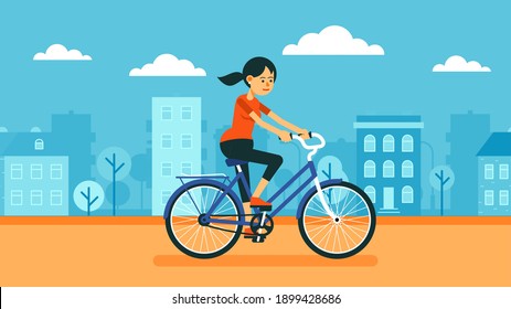 Woman rides a bicycle around the city. Girl cyclist. Vector illustration.