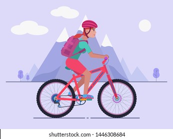 Woman rides a bicycle with a backpack behind his back against the backdrop of mountains. Concept of mountain biking. Vector illustration of a flat style.