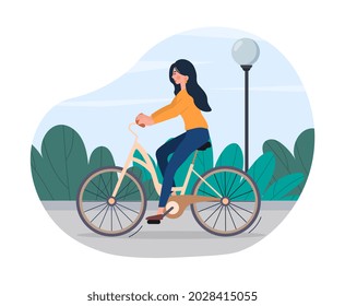 Woman rides bicycle concept. Female character moves around city on eco friendly transport. Physical activity and sports for health. Cartoon flat vector illustration isolated on white background