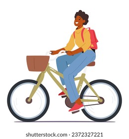 La Mujer Viaja En Bicicleta, El Personaje Femenino Disfruta De Los Beneficios Del Ejercicio Al Aire Libre, Mejora Su Gimnasio Cardiovascular Y Experimenta La Libertad Y La Alegría Del Ciclismo. Ilustración de vectores de personas de caricatura