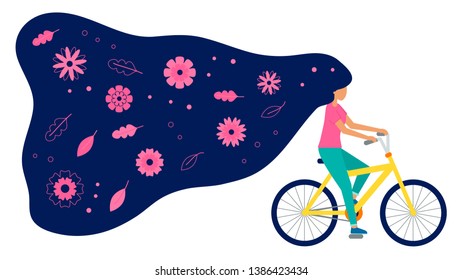 Woman rides a bicycle. In her hair flowers and leaves. Vector flat style illustration.