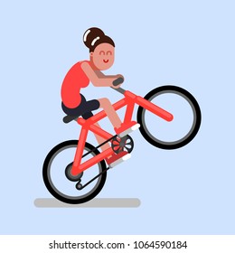 Woman rides a bicycle on one wheel