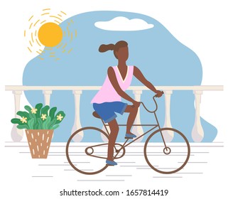 Woman rides bicycle on promenade road. Young lady spend leisure time actively doing hobby. Cyclist driving bike, active sport. Sunny summer weather, seafront. Vector illustration in flat style