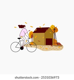 A woman rides a bicycle past a simple farmhouse with a windmill in an autumnal setting.