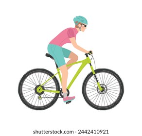 Una mujer anda en bicicleta. Deportes, entrenamiento, estilo de vida saludable. Ilustración aislada de dibujos animados planos vectoriales