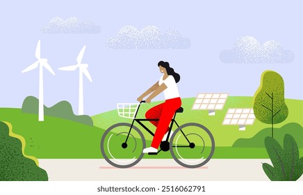 Woman rides bicycle through landscape on a sunny day. Vector flat
