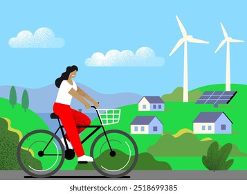 Woman rides bicycle through landscape on a sunny day. Vector flat