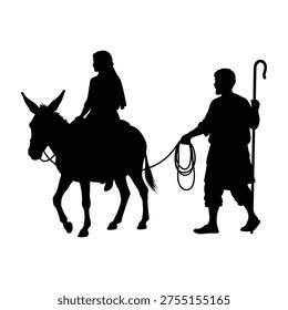 a woman rides a donkey while a shepherd walks beside her, holding a staff and rope, a serene scene of guidance and companionship, suitable for biblical or pastoral themes in marketing, education, or advertising