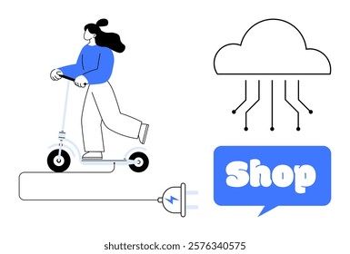 Woman rides an electric scooter connected to an electric plug. Nearby, a cloud icon with circuits and a speech bubble with the word shop. Ideal for technology e-commerce eco-friendly transportation