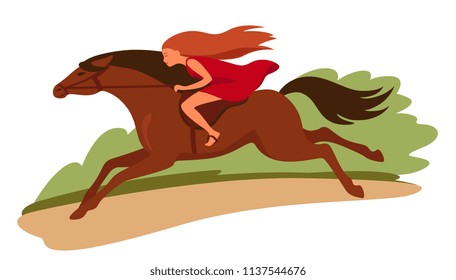 Woman rides fast horse. Vector illustration