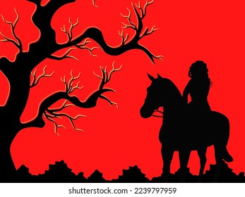 A woman rides a horse. A woman on a horse against a red background sees a dry tree without leaves.