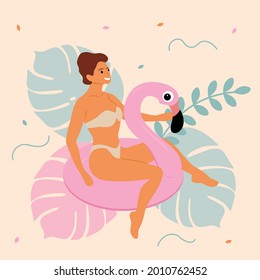 Una mujer monta un flamingo inflable en el mar. Ilustración de vectores aislada