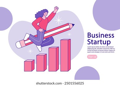 A woman rides a large pencil and is flying forward. People thinks of great idea. Good idea reach inspiration motivation, found solution for success at work. Flat Cartoon Vector Illustration.