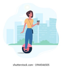 A woman rides a modern gyro board, drinks coffee. Eco-friendly alternative transport, friendly to the environment. Vector illustration of a girl in a flat style on the background of the city