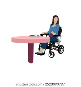 Una mujer monta una silla de ruedas motorizada. Ilustración vectorial sobre fondo blanco. Adecuado para la representación de herramientas de tratamiento fuera del entorno médico. SHOTLISTsalud