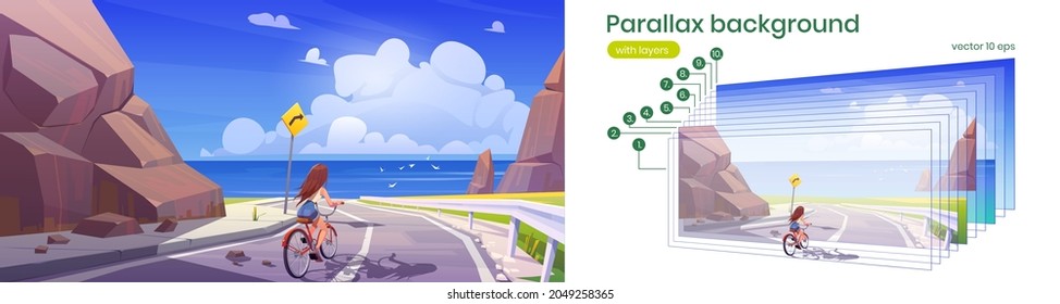 Woman rides on bicycle to sea beach. Vector parallax background for 2d animation with cartoon illustration of summer landscape with girl on bike on road, rocks and ocean shore