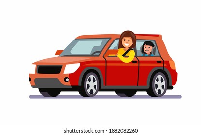 woman rides in red car with child