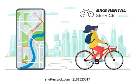 Woman rides rented bike against modern cityscape with smartphone bike rental mobile app on screen. Bicycle rent service banner. Public cycle transport sharing. Urban eco transport advertising concept