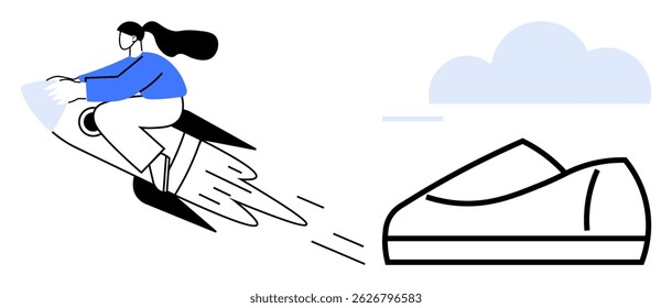 Woman rides rocket-powered scooter towards a futuristic shoe, with a cloud in the background. Ideal for innovation, technology, transportation, future concepts, speed, creativity, and adventure