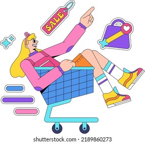 woman rides shopping cart after order complete illustration and sticker with concept back to 90's