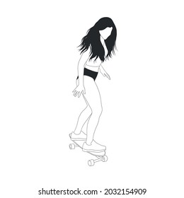 Woman rides skateboard. Hand drawn outline hipster girl. Extreme lifestyle. 