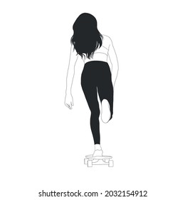 Woman rides skateboard. Hand drawn outline hipster girl. Extreme lifestyle. 