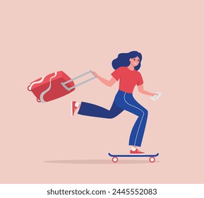 A woman rides a skateboard with a suitcase and a ticket. The woman is in a hurry to travel.