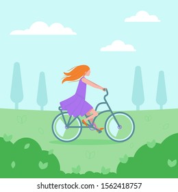 Woman is ridind on bike in the park. Vector illustration.