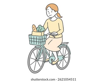 Woman riding bicycle after grocery shopping white background