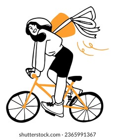 a woman riding a bicycle with a bag on her back