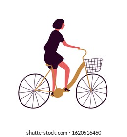 Woman riding bicycle with basket flat vector illustration. Middle aged lady at urban vehicle. Female cartoon character riding retro eco transport. City trip isolated on white background.