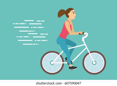 Woman riding bicycle. Beautiful young girl riding bicycle. - stock vector