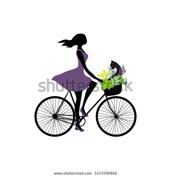 黒い猫と魔法のハーブを持つ自転車に乗った女性 ベクター画像 のベクター画像素材 ロイヤリティフリー