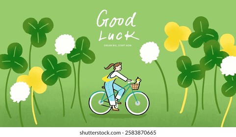 A woman riding a bicycle, carrying a cat in a basket, with a background of various clovers.