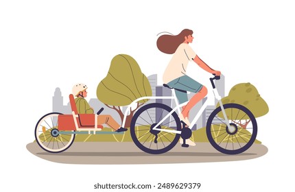 Woman Riding A Bicycle With A Child Seated In Sidecar Attachment. Scene Depicts An Outdoor Environment With Greenery