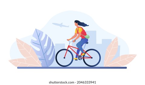 Woman riding bicycle concept. Female character with bag moves around city on ecological transport. Girl engaged in sports. Cartoon modern flat vector illustration isolated on white background