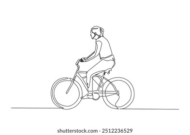 Mulher andando de bicicleta contínua um desenho de linha. Ilustração de arte de uma única linha de bicicleta. Vetor editável.