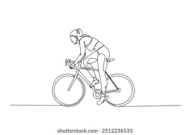 Woman riding bicycle continuous one line drawing. Riding bike single line art illustration. Editable vector.