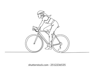 Woman riding bicycle continuous one line drawing. Riding bike single line art illustration. Editable vector.