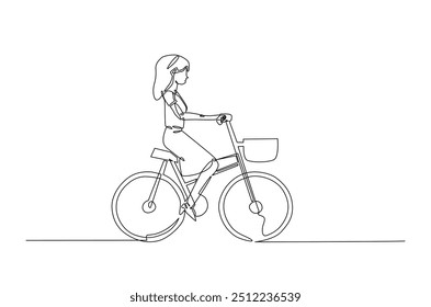 Woman riding bicycle continuous one line drawing. Riding bike single line art illustration. Editable vector.