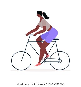 Woman riding bicycle . Cycling, training, cardio exercising, relaxing . Ecology concept. Sports and leisure outdoor activity. Healthy lifestyle. Vector illustration in flat cartoon style.