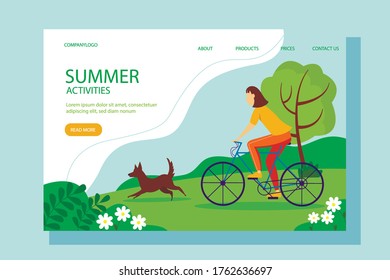 Woman riding a Bicycle with a dog in the Park. The concept of an active lifestyle, outdoor activities. Cute summer illustration in a flat style.