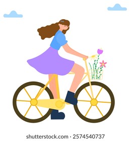 woman riding bicycle with flower basket spring and summer outdoor leisure activity flat vector illustration