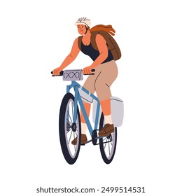 Woman riding bicycle. Happy young cyclist in helmet with backpack, outdoor adventure, travel. Female enjoying active trip, cycling on bike. Flat vector illustration isolated on white background