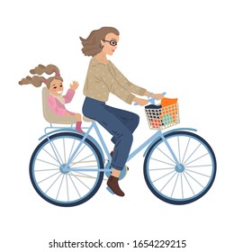 Woman are riding bicycle with little girl sitting in baby seat. Young mother and daughter. Happy child with ponytails and her mom on a bike. Isolated on white background. Vectorcartoon illustration