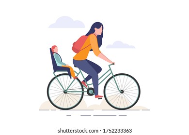 Woman riding a bicycle with little girl sitting in baby seat, mother and daughter. Flat vector web illustration isolated on white background. Mother and daughter riding bike concept.