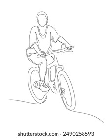 Frau, die Fahrrad fährt, mit Handy, das am Lenkrad montiert ist. Fortlaufende Linienzeichnung. Schwarz-Weiß-Vektorillustration im Linienart-Stil.