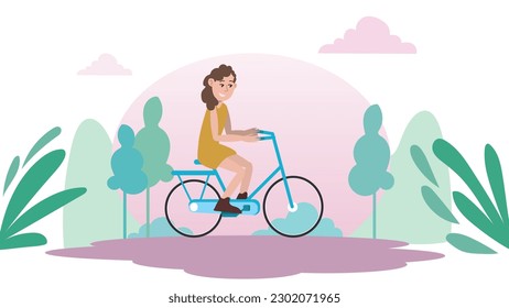 A woman is riding a bicycle on the street in the park. 
Healthy lifestyle. Spring or summer landscape. Cute happy young girl on bike at park. Flat Design vector.